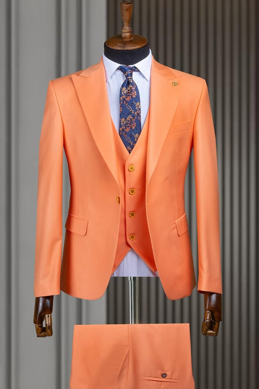 Fashion Peach 3 Pieces Peaked Lapel Slim Fit Men Suit