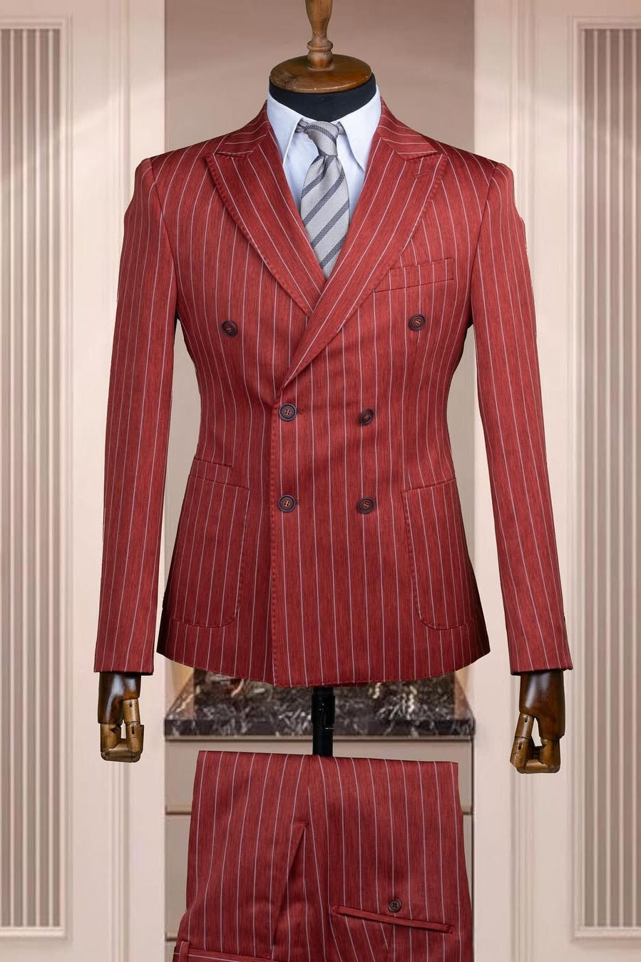 Dusty Red Double Breasted Pinstripe Bespoke Business Suits