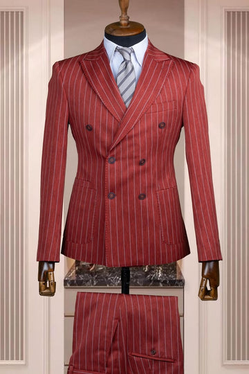 Dusty Red Double Breasted Pinstripe Bespoke Business Suits