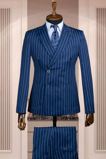 Navy Blue Double Breasted Pinstripe Bespoke Business Suits
