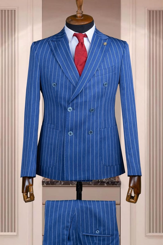 Cool Blue Double Breasted Pinstripe Bespoke Business Suits