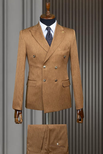 Brown Double Breasted Slim Fit Big and Tall Prom Suit
