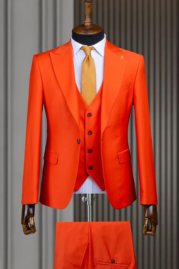 Orange 3 Pieces Peaked Lapel Slim Fit Men Suit