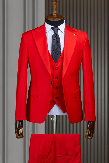 Hot Red 3 Pieces Peaked Lapel Slim Fit Men Suit