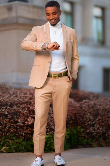 Trendy Nude Pink One Button Shawl Lapel Prom Suit