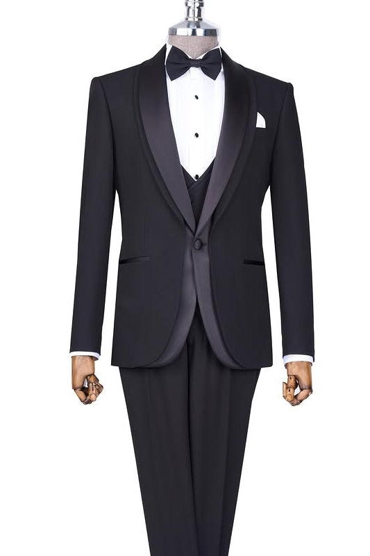 Black 3-Piece Well-Fitted Wedding Groom Suits with Silk Lapel