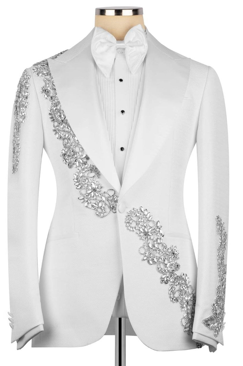 Classic White Peak Lapel 3-Piece Prom Wedding Suit with Crystal
