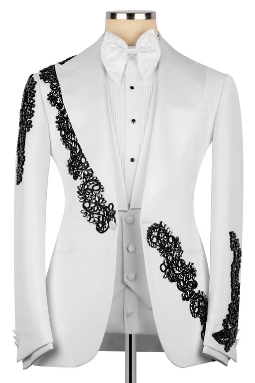 Cool White Peak Lapel Prom Wedding Suit with Black Crystal