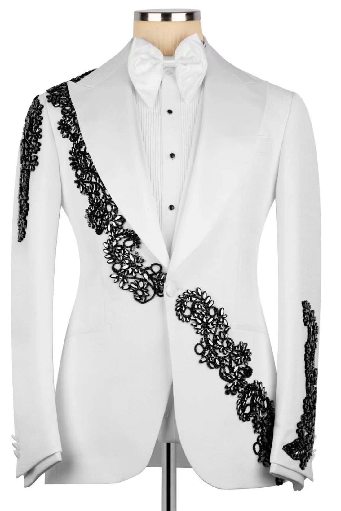 Cool White Peak Lapel Prom Wedding Suit with Black Crystal