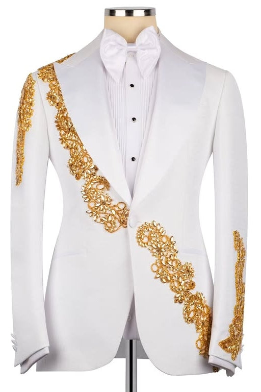 White Peak Lapel Prom Wedding Suit with Gold Crystal