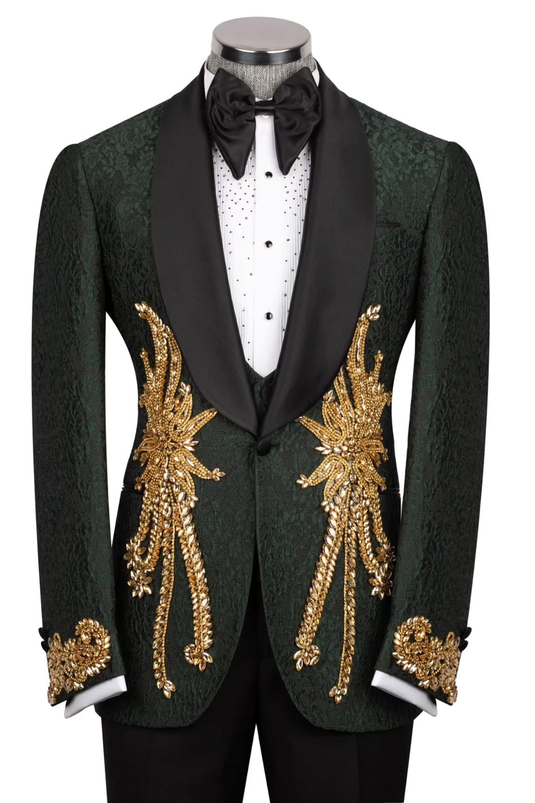 Dark Green Jacquard Gold Crystal Wedding Groom Suits