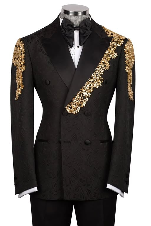Black Jacquard Double Breasted Men Suits with Crystal