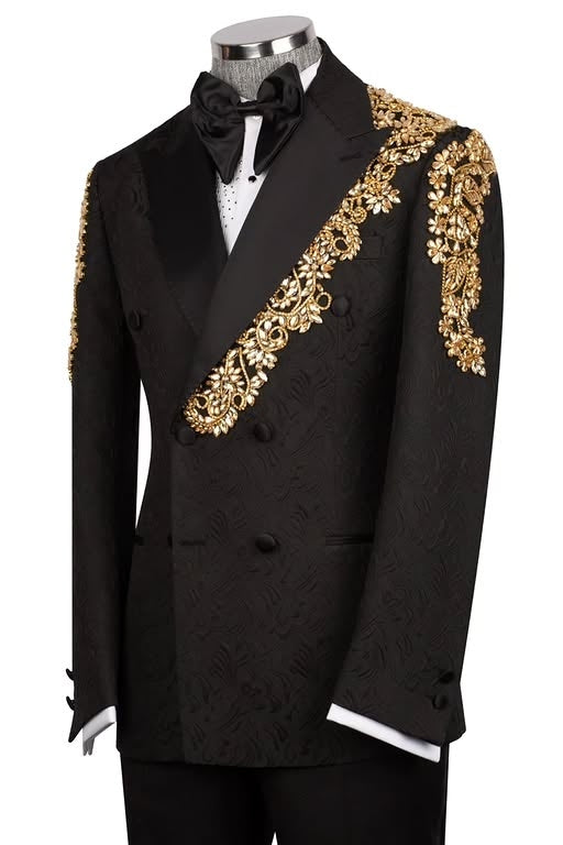Black Jacquard Double Breasted Men Suits with Crystal