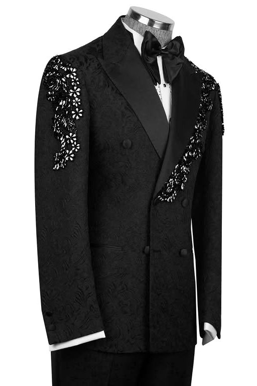 Black Jacquard Double Breasted Crystal Prom Men Suits