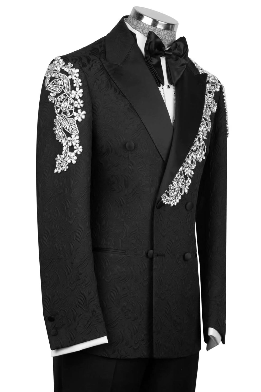 Black Jacquard Double Breasted Prom Suits with Silver Crystal