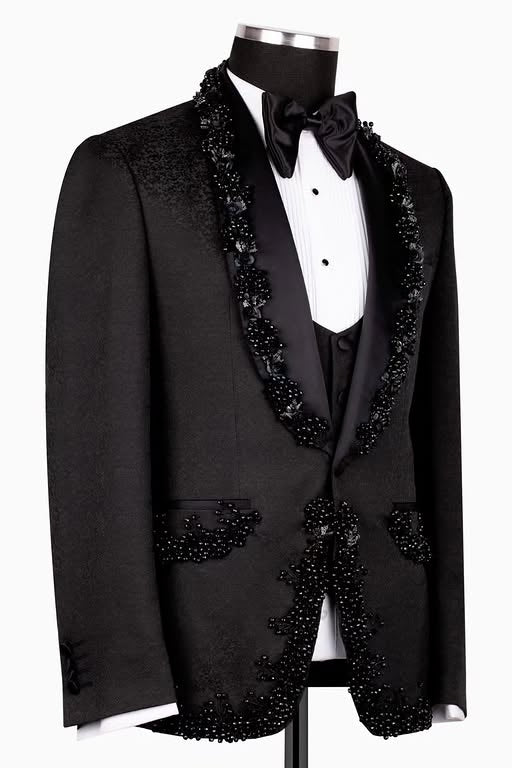 Black 3-Pieces Jacquard Shawl lapel Wedding Men Suits with Crystal