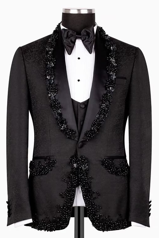 Black 3-Pieces Jacquard Shawl lapel Wedding Men Suits with Crystal