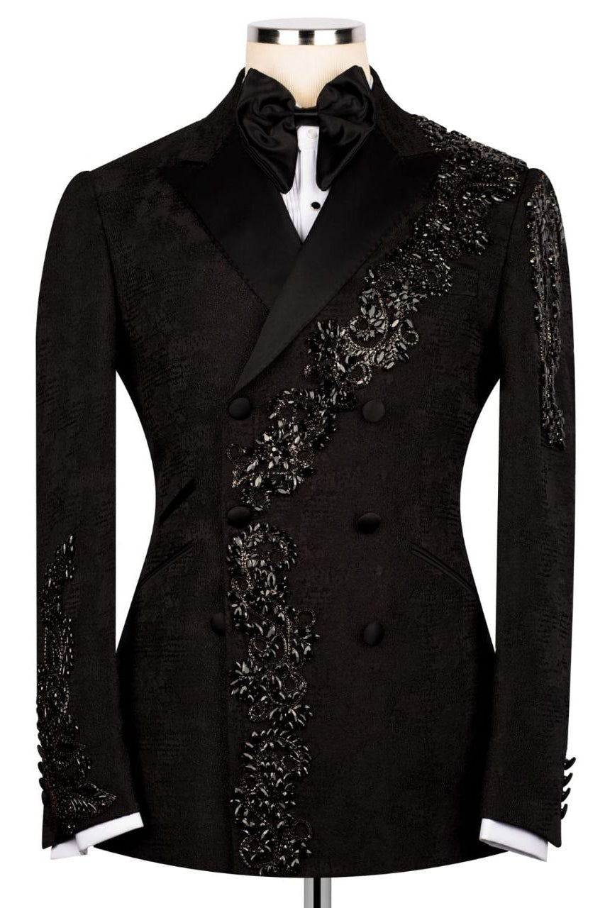 Black Jacquard Double Breasted Slim Fit Prom Suits with Crystal