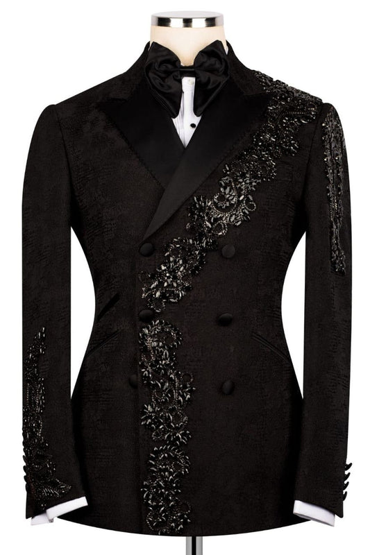 Black Jacquard Double Breasted Slim Fit Prom Suits with Crystal