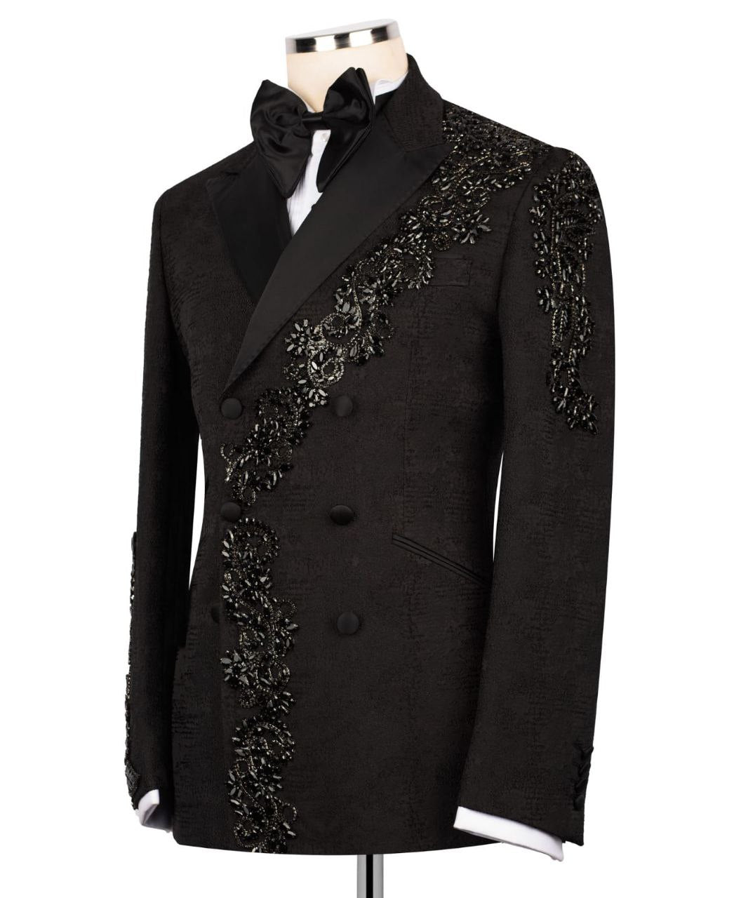 Black Jacquard Double Breasted Slim Fit Prom Suits with Crystal