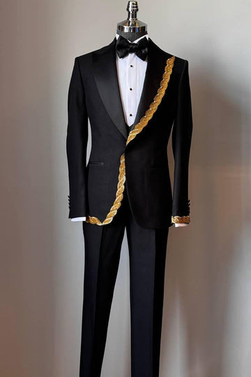 Cool Black 3-Piece Best Fitted Prom Suits with Gold Crystal