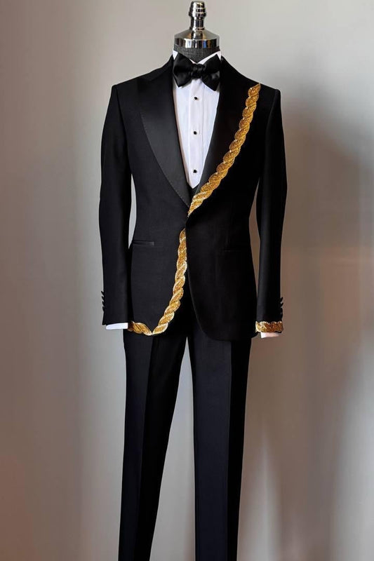 Cool Black 3-Piece Best Fitted Prom Suits with Gold Crystal