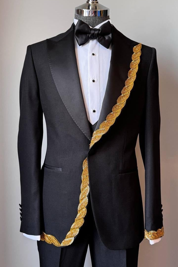 Cool Black 3-Piece Best Fitted Prom Suits with Gold Crystal