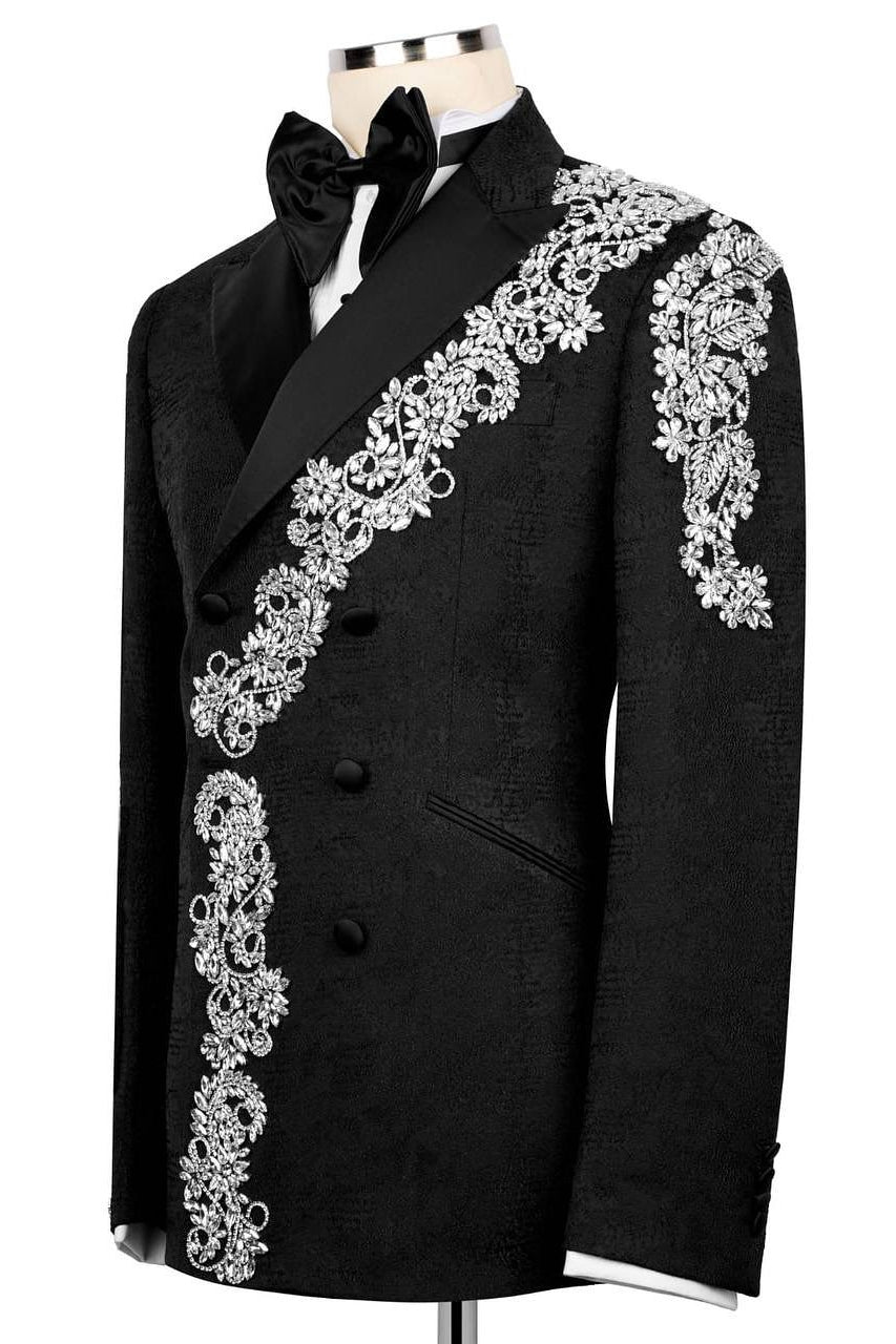 Cool Jacquard Double Breasted Slim Fit Prom Suits with Silver Crystal