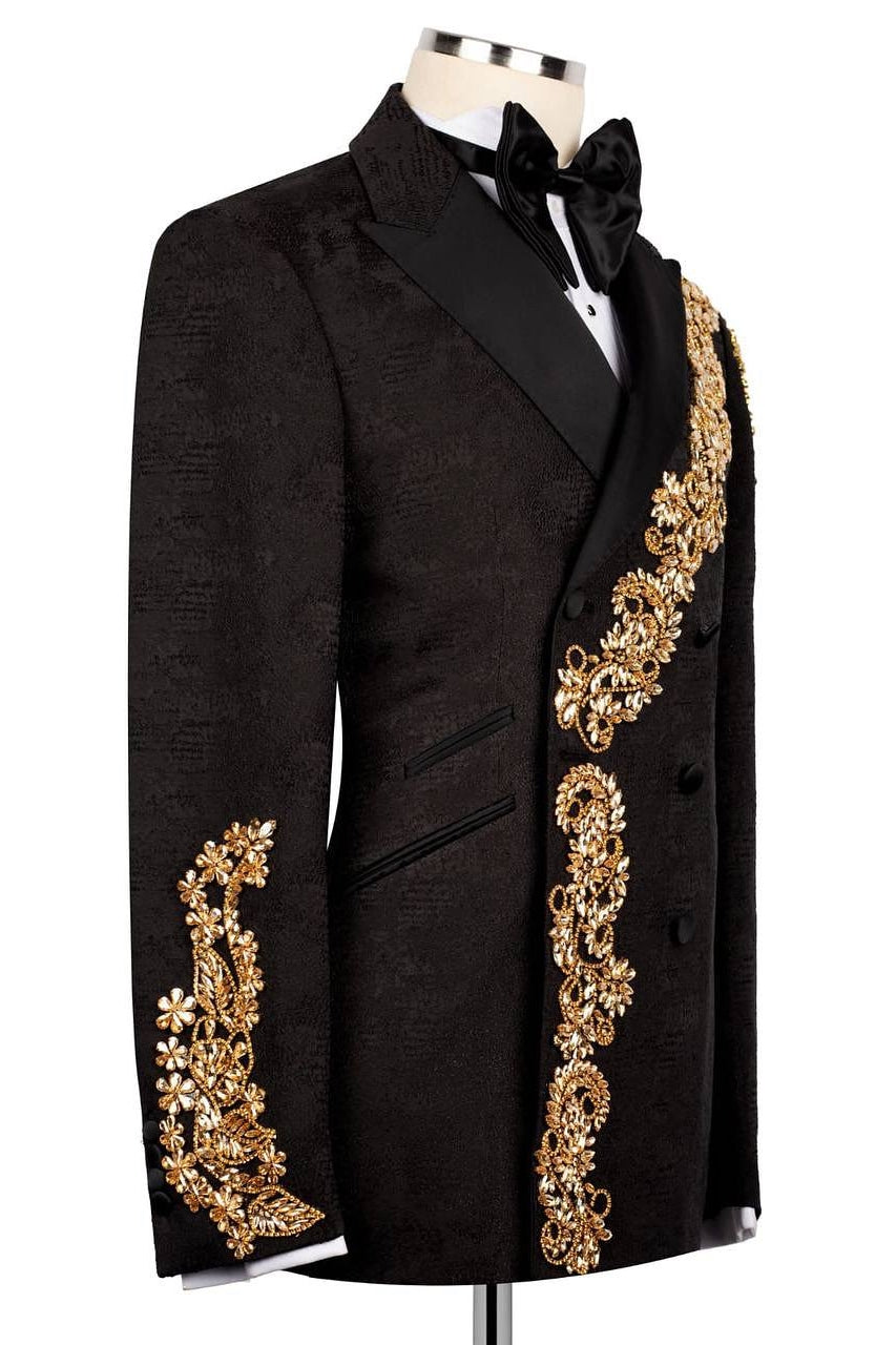Chic Jacquard Double Breasted Slim Fit Prom Suits with Black Crystal