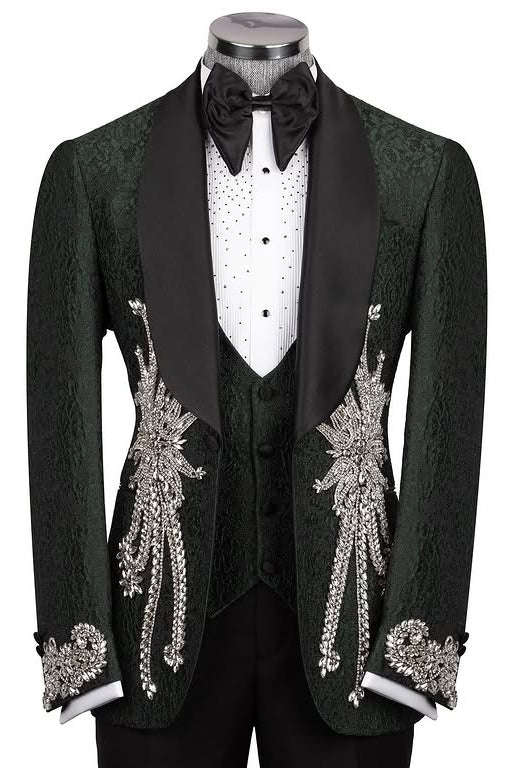Dark Green Jacquard Wedding Groom Suits with Silver Crystal