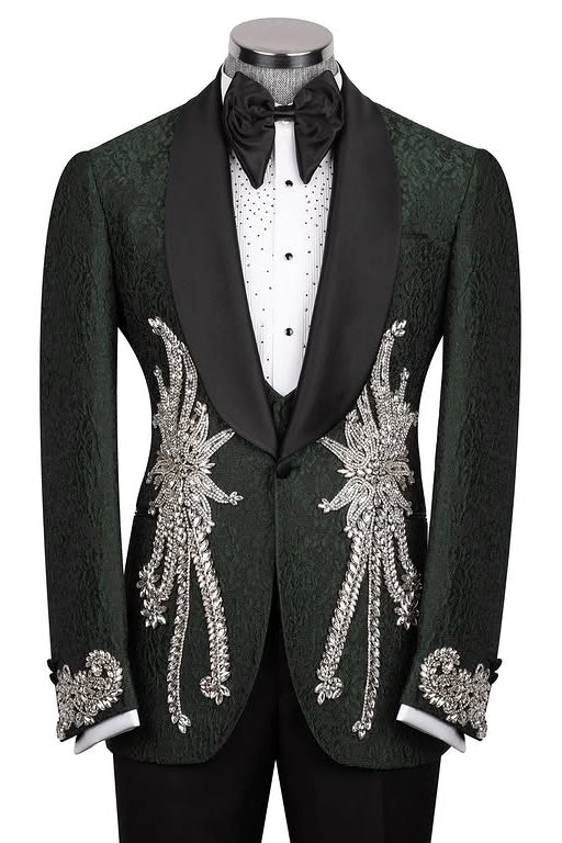 Dark Green Jacquard Wedding Groom Suits with Silver Crystal