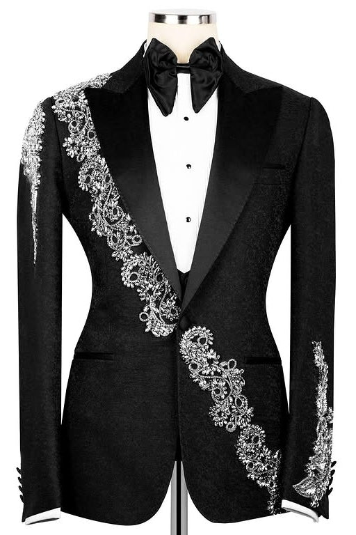 Black Jacquard Peak Lapel Bespoke Prom Wedding Suit with Silver Crystal