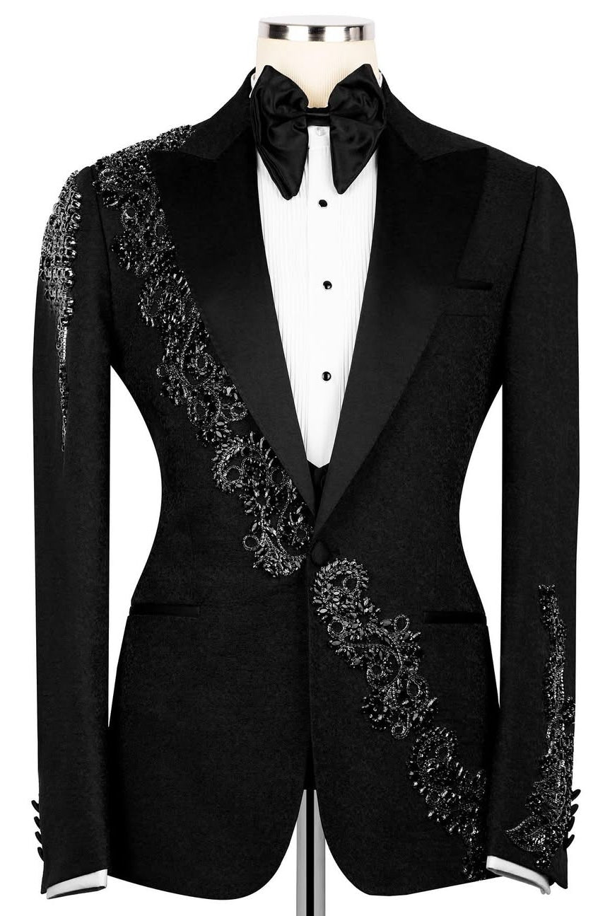 Black Jacquard 3-Piece Crystal Bespoke Prom Wedding Suit