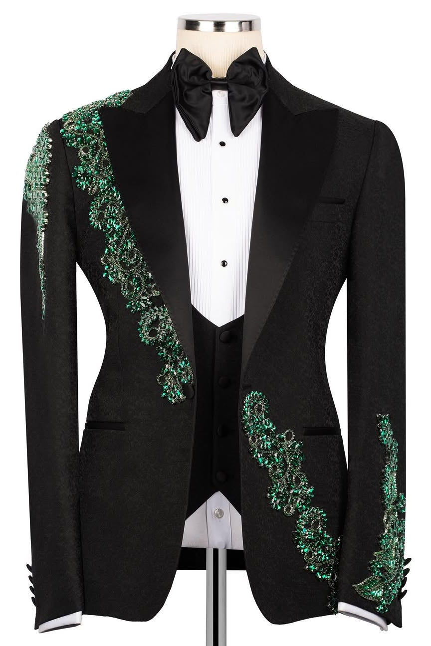 Black Jacquard 3-Piece Bespoke Prom Wedding Suit with Green Crystal