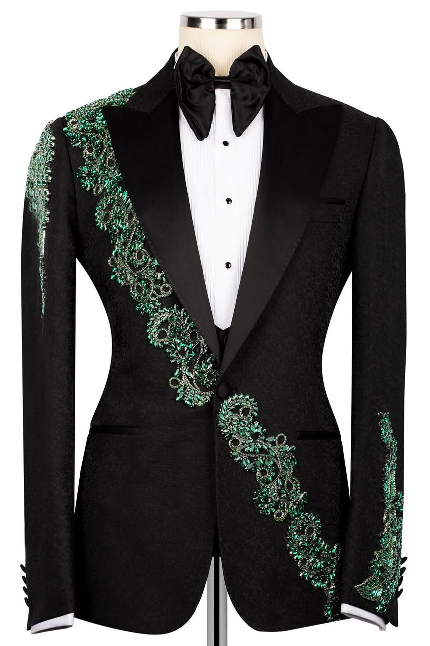 Black Jacquard 3-Piece Bespoke Prom Wedding Suit with Green Crystal