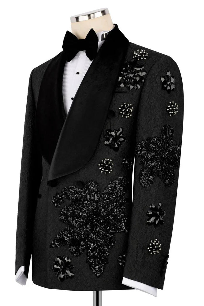 Cool Black 3-Pieces Jacquard Wedding Groom Suits with Crystal