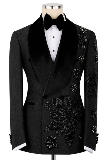 Cool Black 3-Pieces Jacquard Wedding Groom Suits with Crystal