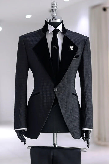 Black Houndstooth One Button Men Suit with Velvet Lapel