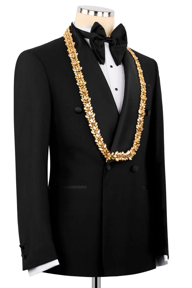 Black Double Breasted Shawl Lapel Wedding Men Suit with Crystal