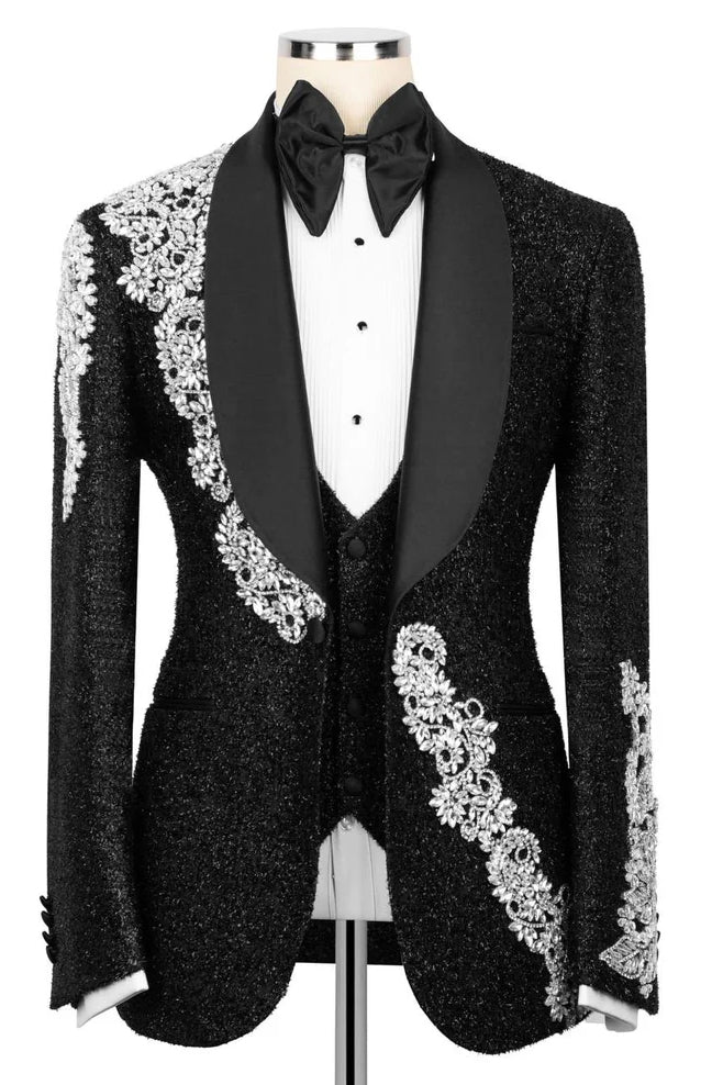 Sparkling Black 3-Pieces Wedding Tuxedo with Silver Crystal Embellished