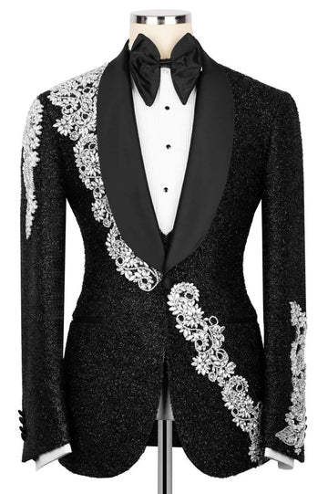 Sparkling Black 3-Pieces Wedding Tuxedo with Silver Crystal Embellished