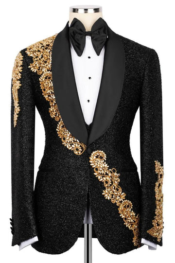 Sparkling Black 3-Pieces Wedding Tuxedo with Gold Crystal Embellished