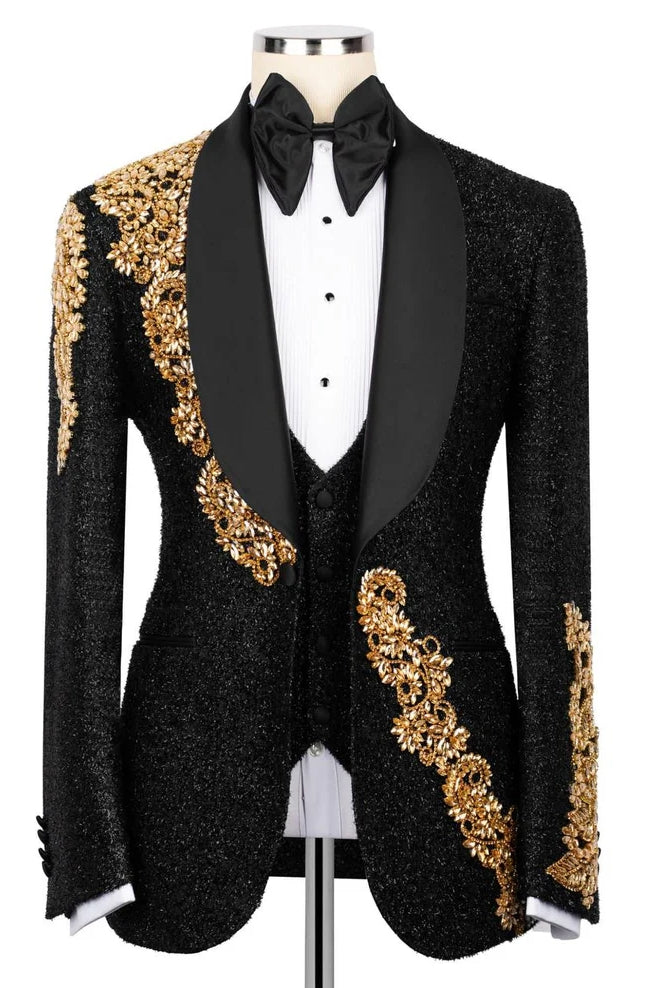 Sparkling Black 3-Pieces Wedding Tuxedo with Gold Crystal Embellished