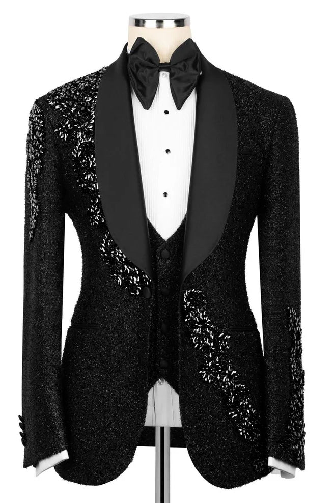 Sparkling Black 3-Pieces Wedding Tuxedo with Crystal Embellished