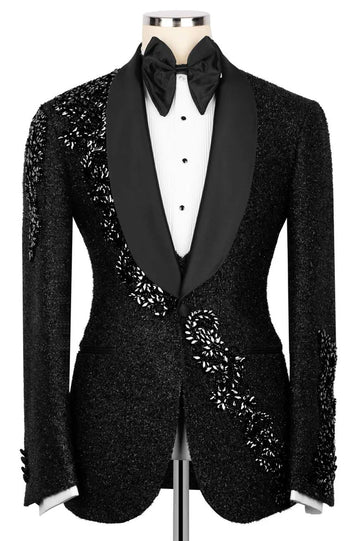 Sparkling Black 3-Pieces Wedding Tuxedo with Crystal Embellished