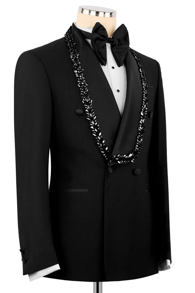 Embellished Black Double Breasted Wedding Tuxedo