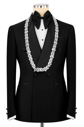 Black Double Breasted Wedding Tuxedo with Silver Embellished