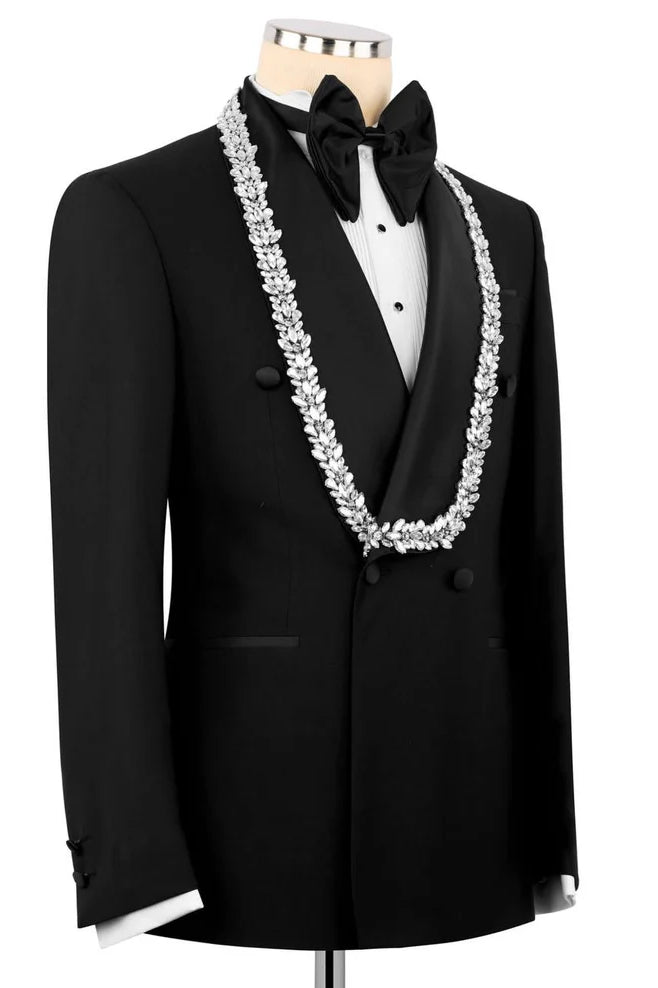 Black Double Breasted Wedding Tuxedo with Silver Embellished