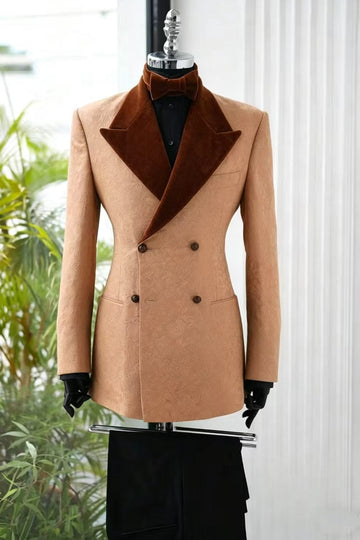 Khaki Jacquard Double Breasted Men Suit with Velvet Lapel