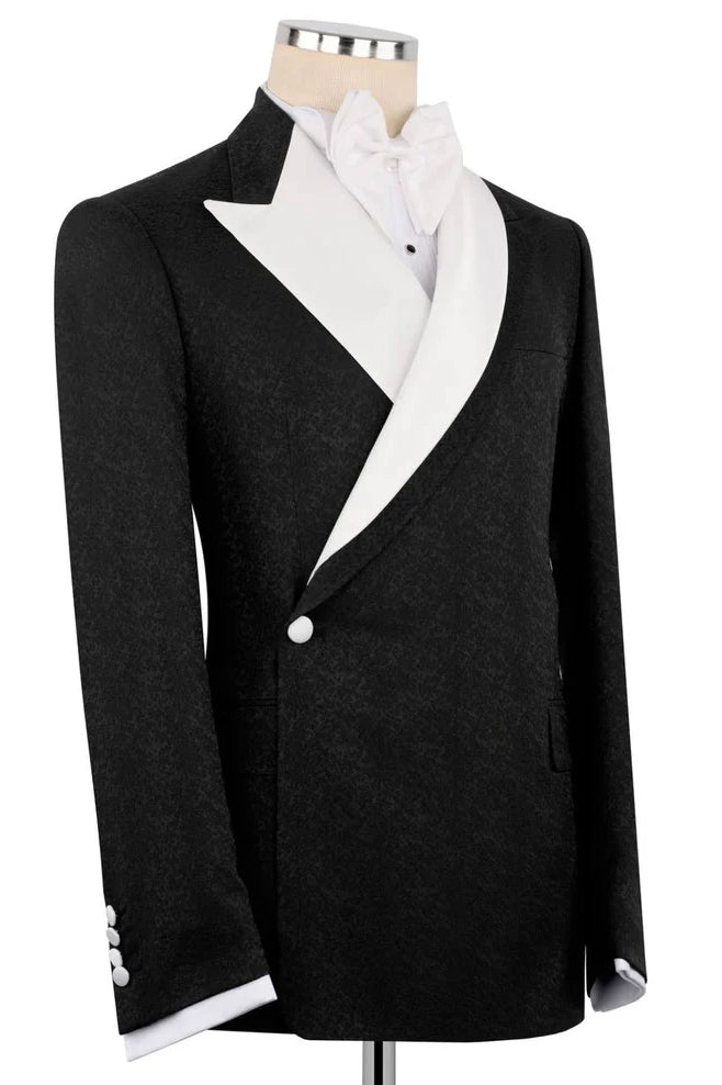 Black One Button Slim Fit Men Suit with White Lapel